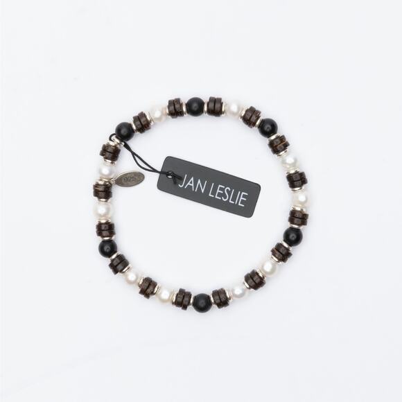 Jan Leslie Cultured Freshwater Pearl Onyx Wood & Sterling Silver Bracelet